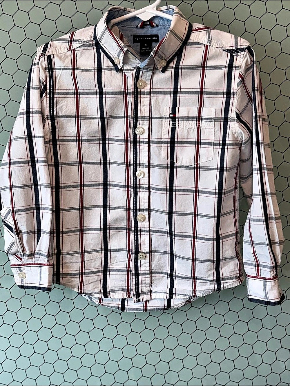 Tommy Hilfiger Plaid Button Down Shirt in White & Red Size 4 Like New